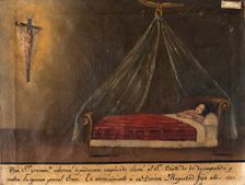 A sick woman praying to Christ on the cross, 1857. Creator: Unknown
