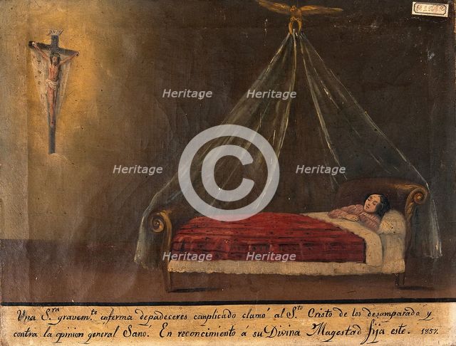 A sick woman praying to Christ on the cross, 1857. Creator: Unknown.