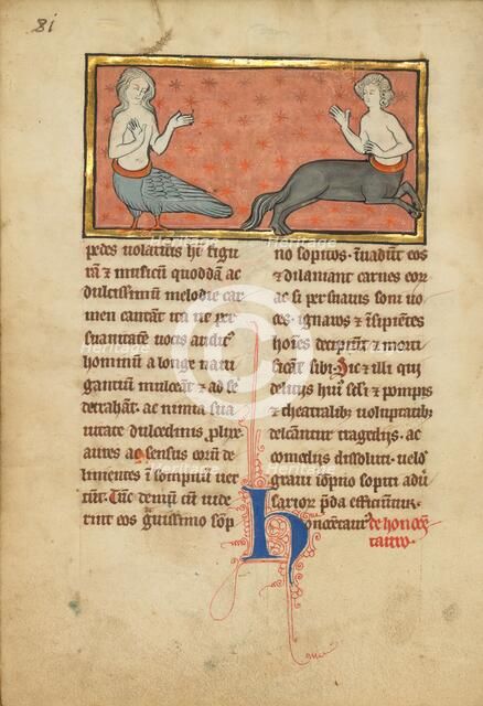A Siren and a Centaur; De Natura Avium; De Pastoribus et Ovibus, 1277 or after. Creator: Unknown.