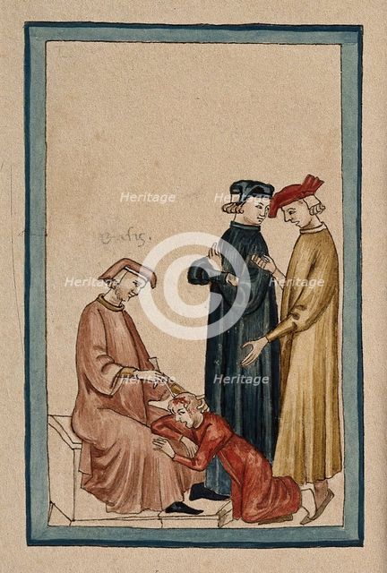 A sitting physician is trepanning another man's head while two others consult. Creator: Unknown.
