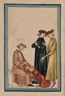 A sitting physician is trepanning another man's head while two others consult. Creator: Unknown