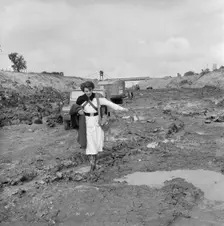 A site nurse at Section B3 of the London to Yorkshire Motorway (the M1), Milton Keynes, 09/1958. Creator: John Laing plc