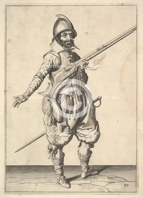 A soldier on guard freeing his right hand, from the Marksmen series, plate 37, in Wapenhandeli.... Creator: Unknown.