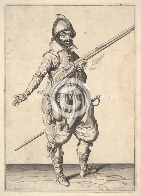 A soldier on guard freeing his right hand, from the Marksmen series, plate 37, in Wapenhandeli.... Creator: Unknown.