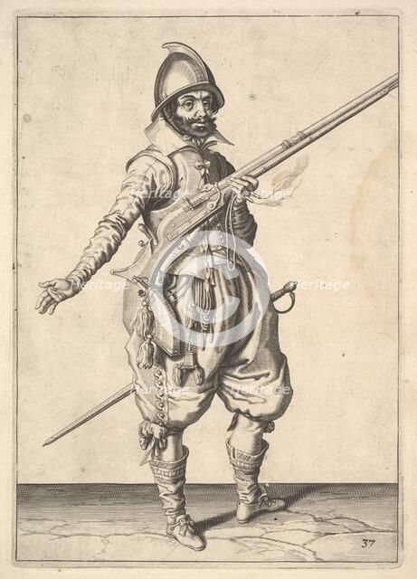 A soldier on guard freeing his right hand, from the Marksmen series, plate 37, in Wapenhandeli.... Creator: Unknown.