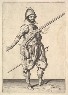 A soldier on guard freeing his right hand, from the Marksmen series, plate 37, in Wapenhandeli.... Creator: Unknown
