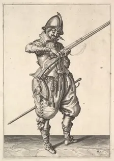 A soldier on guard shaping the match between his thumb and his forefinger, from the Marksmen s.... Creator: Unknown