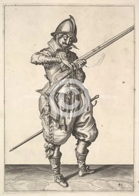 A soldier on guard shaping the match between his thumb and his forefinger, from the Marksmen s.... Creator: Unknown.