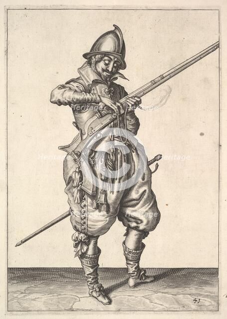 A soldier on guard shaping the match between his thumb and his forefinger, from the Marksmen s.... Creator: Unknown.