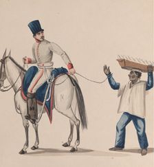 A soldier on horseback holding a rope that secures an indigenous slave balancing a plate..., ca. 184 Creator: Attributed to Francisco (Pancho) Fierro