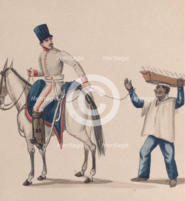A soldier on horseback holding a rope that secures an indigenous slave balancing a plate..., ca. 184 Creator: Attributed to Francisco (Pancho) Fierro.