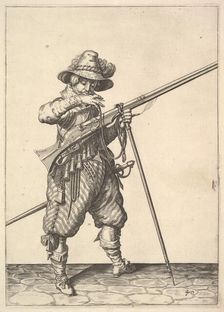A soldier blowing on a match, from the Musketeers series, plate 40, in Wapenhandelinghe van Ro.... Creator: Unknown