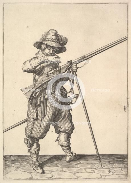 A soldier blowing on a match, from the Musketeers series, plate 40, in Wapenhandelinghe van Ro.... Creator: Unknown.