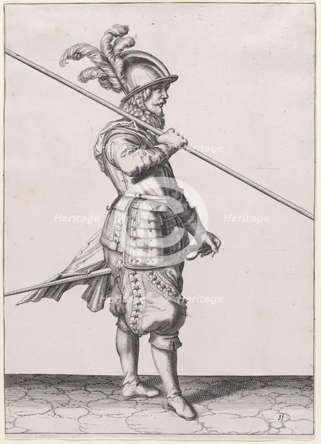 A soldier carrying his pike at the slope, from the Lansquenets series, plate 11,..., published 1608. Creator: Robert Willemsz de Baudous.