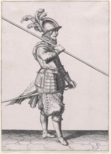 A soldier carrying his pike at the slope, from the Lansquenets series, plate 11,..., published 1608. Creator: Robert Willemsz de Baudous