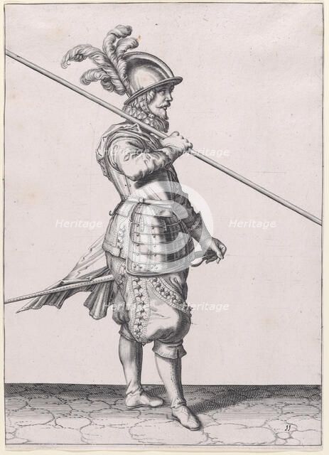 A soldier carrying his pike at the slope, from the Lansquenets series, plate 11,..., published 1608. Creator: Robert Willemsz de Baudous.