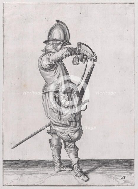 A soldier charging his caliver which is held stock down, from the Marksmen serie..., published 1608. Creator: Robert Willemsz de Baudous.