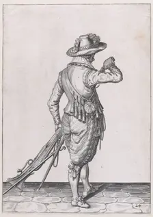 A soldier charging his musket, from the Musketeers series, plate 24, in Waffenha..., published 1608. Creator: Robert Willemsz de Baudous