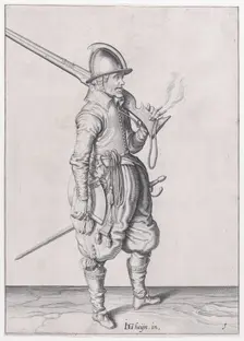 A soldier holding his caliver, from the Marksmen series, plate 1, in Waffenhandl..., published 1608. Creator: Robert Willemsz de Baudous