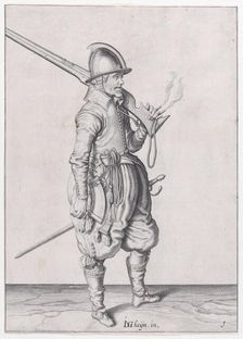 A soldier holding his caliver, from the Marksmen series, plate 1, in Waffenhandl..., published 1608. Creator: Robert Willemsz de Baudous