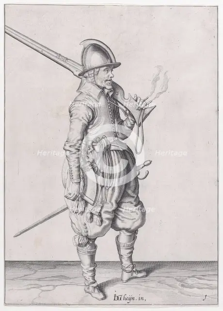 A soldier holding his caliver, from the Marksmen series, plate 1, in Waffenhandl..., published 1608. Creator: Robert Willemsz de Baudous.