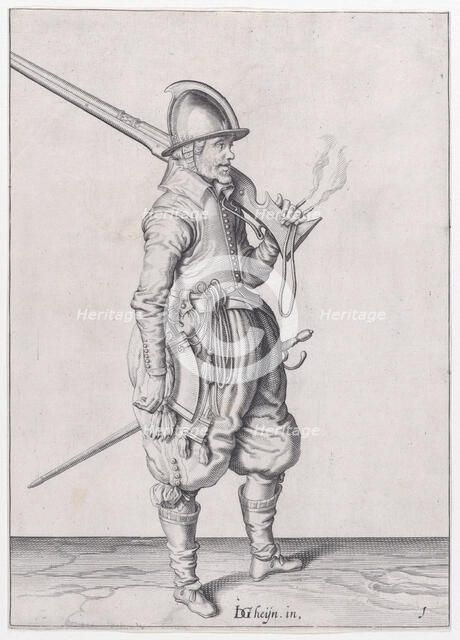 A soldier holding his caliver, from the Marksmen series, plate 1, in Waffenhandl..., published 1608. Creator: Robert Willemsz de Baudous.