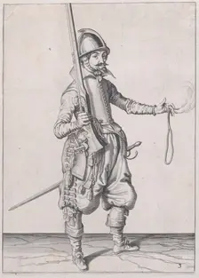 A soldier holding up his caliver in his right hand and extending his left to rec..., published 1608. Creator: Robert Willemsz de Baudous