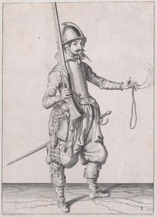A soldier holding up his caliver in his right hand and extending his left to rec..., published 1608. Creator: Robert Willemsz de Baudous