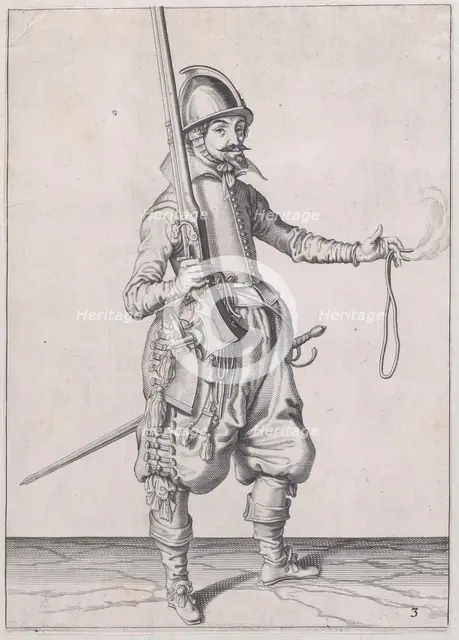 A soldier holding up his caliver in his right hand and extending his left to rec..., published 1608. Creator: Robert Willemsz de Baudous.