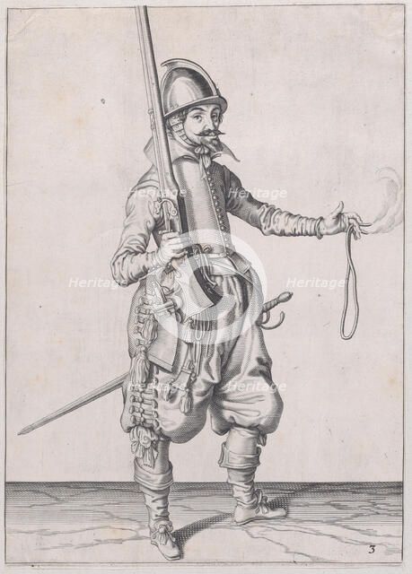 A soldier holding up his caliver in his right hand and extending his left to rec..., published 1608. Creator: Robert Willemsz de Baudous.