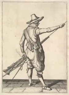 A soldier pulling out the ramrod from its holder, from the Musketeers series, plate 25, in Wap.... Creator: Unknown