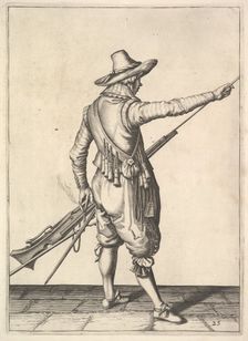 A soldier pulling out the ramrod from its holder, from the Musketeers series, plate 25, in Wap.... Creator: Unknown