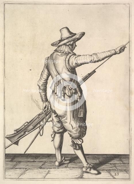 A soldier pulling out the ramrod from its holder, from the Musketeers series, plate 25, in Wap.... Creator: Unknown.