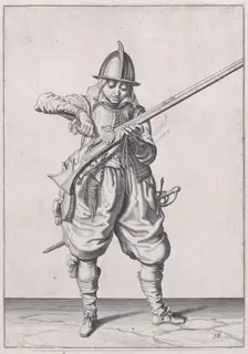 A soldier pouring powder into the pan, from the Marksmen series, plate 16, in Wa..., published 1608. Creator: Robert Willemsz de Baudous