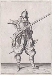 A soldier pouring powder into the pan, from the Marksmen series, plate 16, in Wa..., published 1608. Creator: Robert Willemsz de Baudous