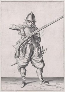 A soldier pouring powder into the pan, from the Marksmen series, plate 16, in Wa..., published 1608. Creator: Robert Willemsz de Baudous