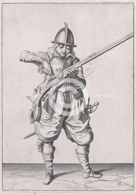 A soldier pouring powder into the pan, from the Marksmen series, plate 16, in Wa..., published 1608. Creator: Robert Willemsz de Baudous.