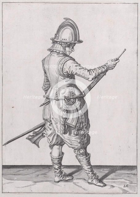 A soldier ramming home powder and bullet with the ramrod, from the Marksmen seri..., published 1608. Creator: Robert Willemsz de Baudous.