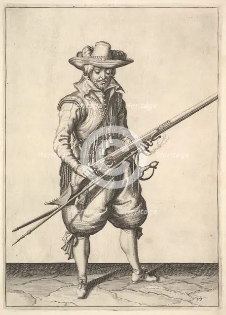 A soldier shaking the powder from the top of the pan, from the Musketeers series, plate 19, in.... Creator: Unknown.