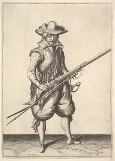 A soldier shaking the powder from the top of the pan, from the Musketeers series, plate 19, in.... Creator: Unknown