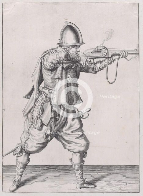 A soldier taking aim, from the Marksmen series, plate 11, in Waffenhandlung von ..., published 1608. Creator: Robert Willemsz de Baudous.