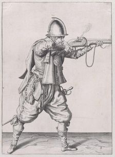 A soldier taking aim, from the Marksmen series, plate 11, in Waffenhandlung von ..., published 1608. Creator: Robert Willemsz de Baudous