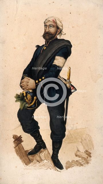 A soldier with wounded head who has inserted medicinal plants in his helmet. Creator: Unknown.
