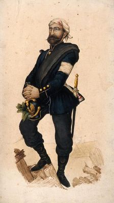 A soldier with wounded head who has inserted medicinal plants in his helmet. Creator: Unknown