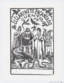 A sorceress pointing her wand at a crocodile while royal figures watch, illustrat..., ca. 1880-1910. Creator: José Guadalupe Posada