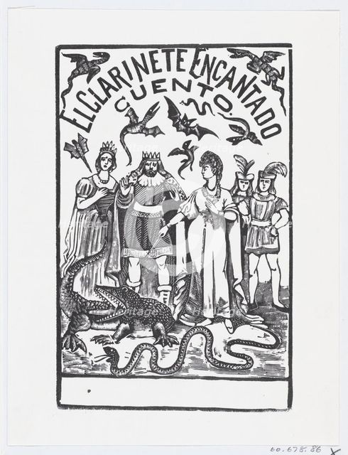 A sorceress pointing her wand at a crocodile while royal figures watch, illustrat..., ca. 1880-1910. Creator: José Guadalupe Posada.