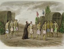 A slave Indian from the Tribe of Tupinamba, is baptized by a Jesuit near Bahia in 1550, 1850 engr…