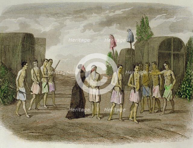 A slave Indian from the Tribe of Tupinamba, is baptized by a Jesuit near Bahia in 1550, 1850 engr…