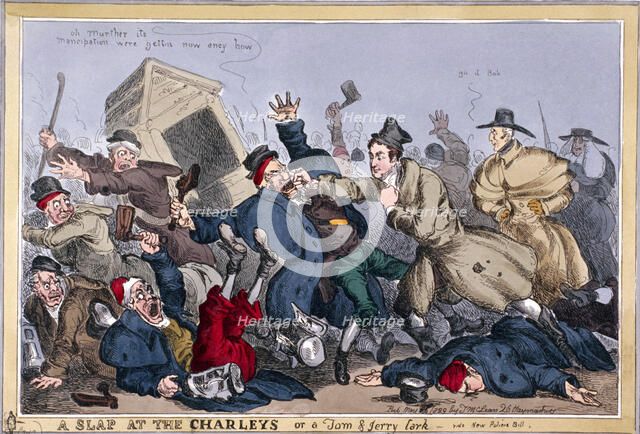 'A slap at the Charleys or a Tom & Jerry lark, vide New Poliece Bill', 1829 Creator: William Heath.