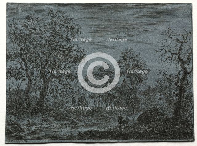 A Small River in the Foreground with a Cow and Goat, 1744. Creator: Christian Ludwig von Hagedorn (German, 1712-1780).